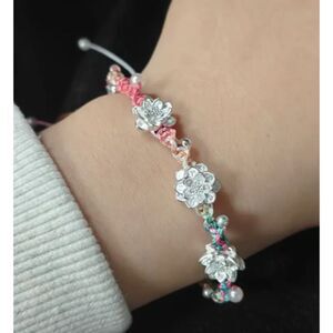 3 Silver Flower Macrame Bracelet Boho Trend Adjustable Red-ish